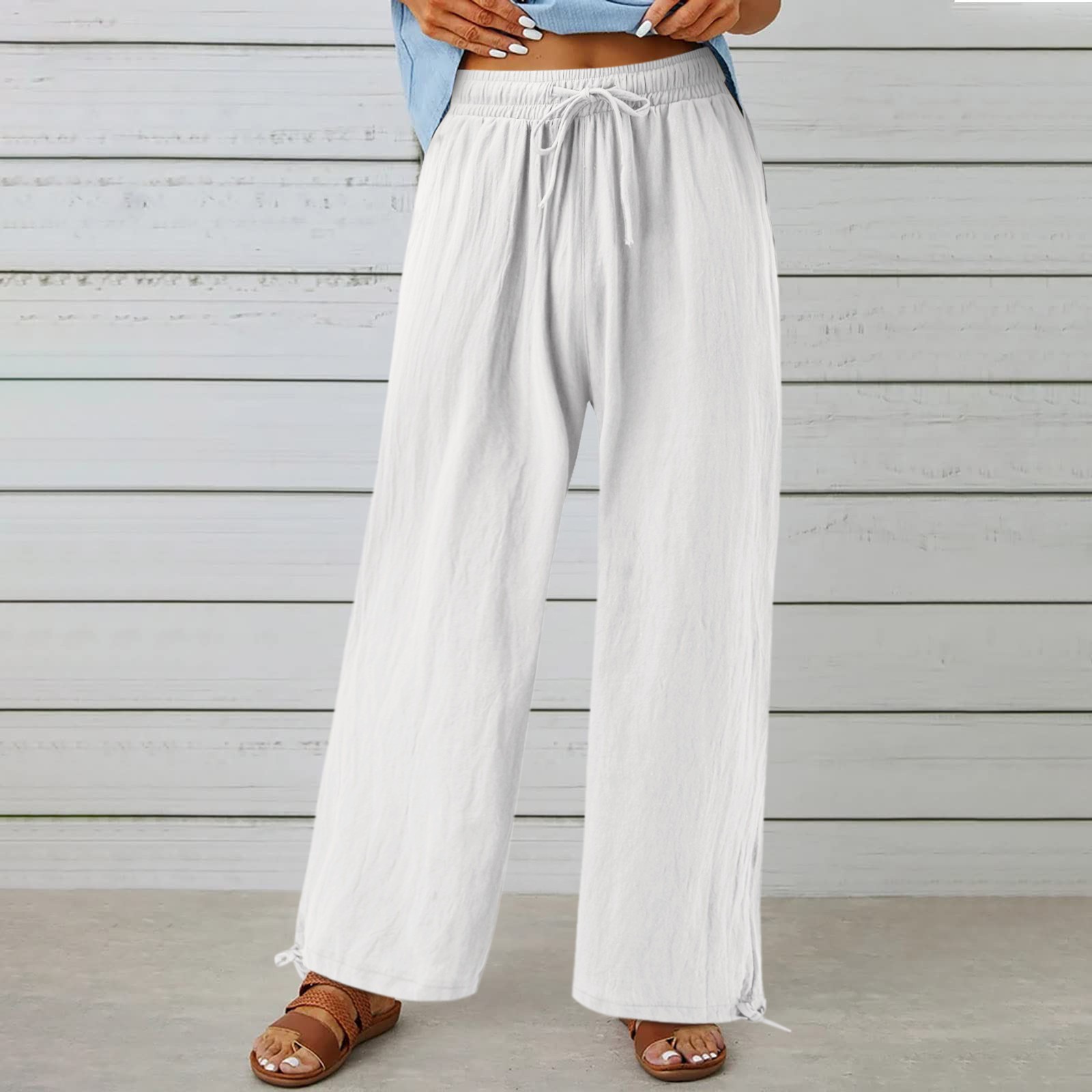 thumbnail image 5 of Pantalones holgados de algodón para mujer: pantalones de cintura alta con cordón, 90 % algodón/10 % poliéster, trabajo/ocio, todas las estaciones, 5 of 8